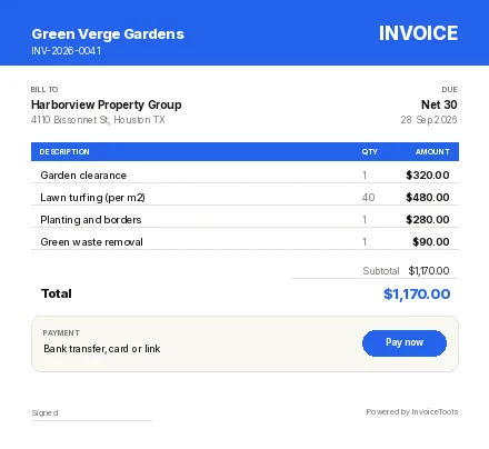 Section Line invoice template, filled in for a landscaper or gardener