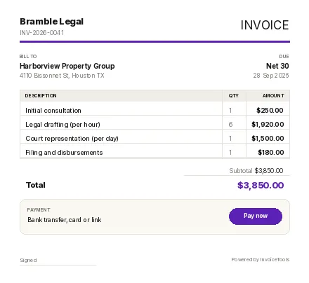 Contact Sheet invoice template, filled in for a lawyer or solicitor