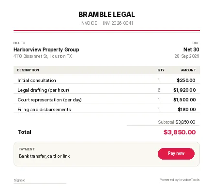 The Brief invoice template, filled in for a lawyer or solicitor