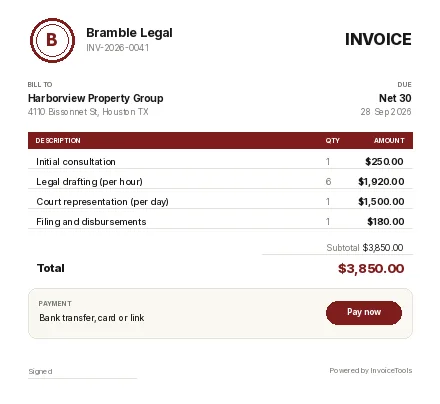 Verdict invoice template, filled in for a lawyer or solicitor