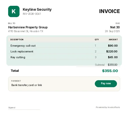 Flueline invoice template, filled in for a locksmith