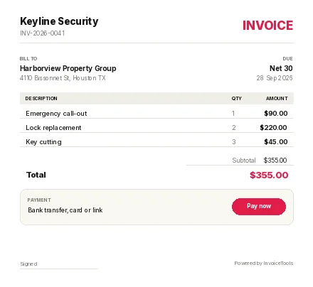 Signline invoice template, filled in for a locksmith