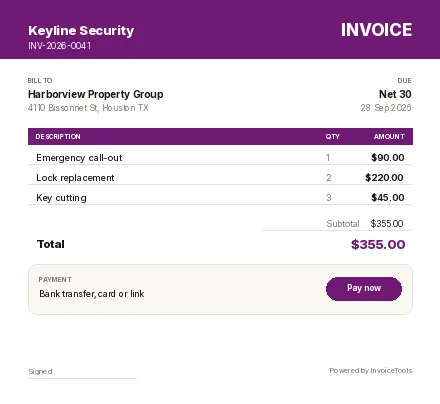 Tumbler & Pin invoice template, filled in for a locksmith