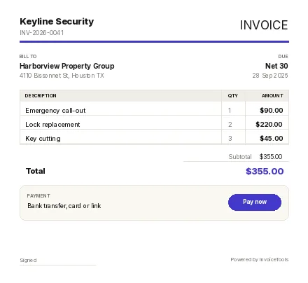 Twelve Col invoice template, filled in for a locksmith