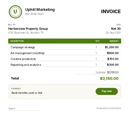 Clearpane invoice template, filled in for a marketing agency