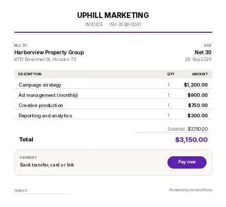 Parallel invoice template, filled in for a marketing agency