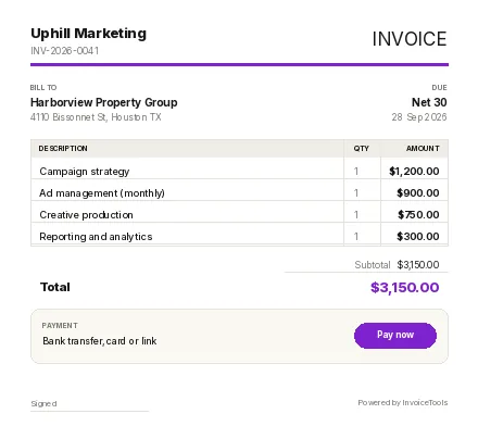 Slab Craft invoice template, filled in for a marketing agency