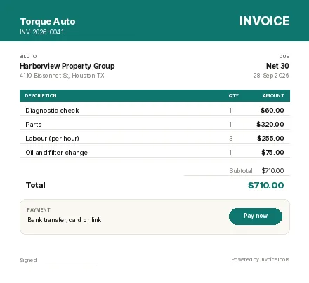 Block Right invoice template, filled in for a auto mechanic