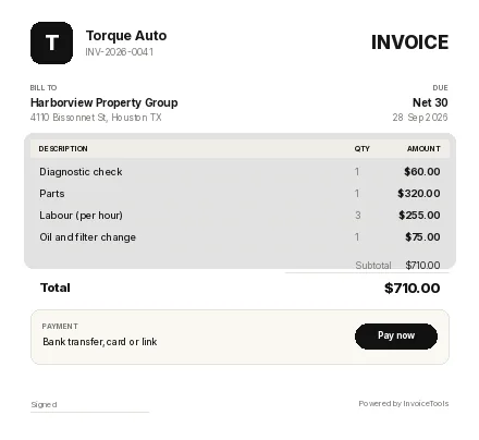 Drydock invoice template, filled in for a auto mechanic