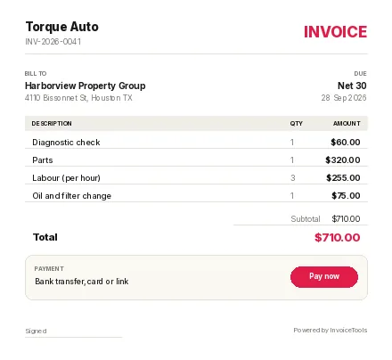 Signline invoice template, filled in for a auto mechanic