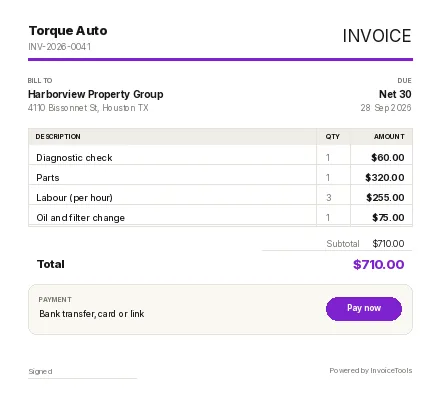 Slab Craft invoice template, filled in for a auto mechanic
