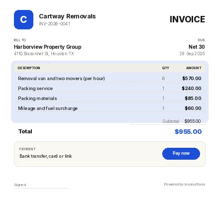 Fangline invoice template, filled in for a moving and removals
