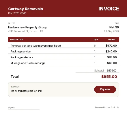Half Note invoice template, filled in for a moving and removals