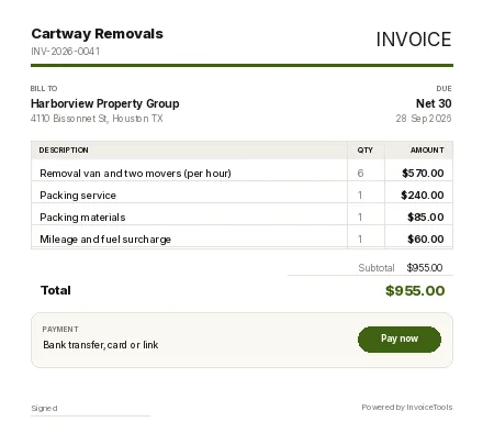 Load Dock invoice template, filled in for a moving and removals