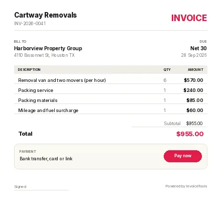 Signline invoice template, filled in for a moving and removals