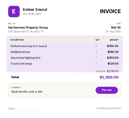 Ad Spend invoice template, filled in for a musician or dj