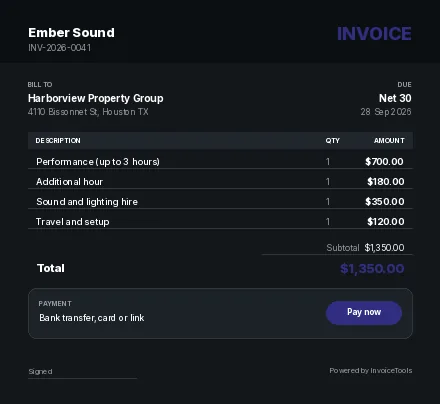 Lemon Half invoice template, filled in for a musician or dj