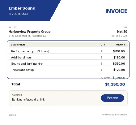 Soft Cards invoice template, filled in for a musician or dj
