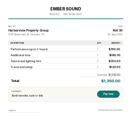 Swatchbook invoice template, filled in for a musician or dj