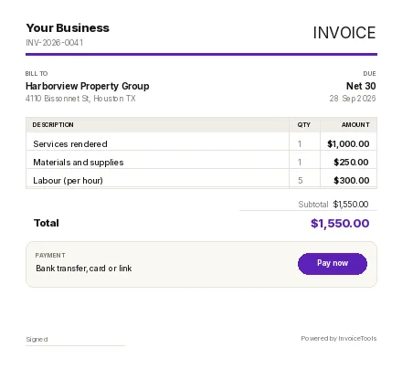 Contact Sheet invoice template, filled in for a other or general business