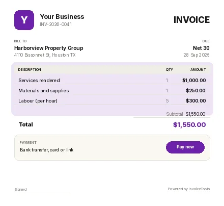 Formset invoice template, filled in for a other or general business