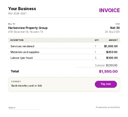 SERP Line invoice template, filled in for a other or general business