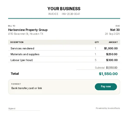 Swatchbook invoice template, filled in for a other or general business
