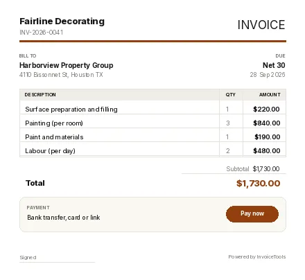 Fieldset invoice template, filled in for a painter and decorator