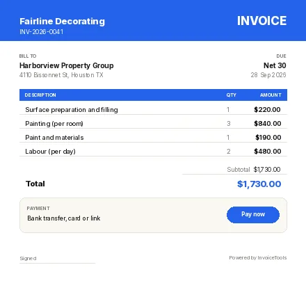 Section Line invoice template, filled in for a painter and decorator