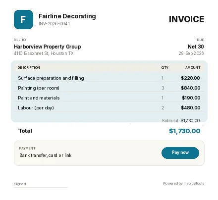 Wagtail invoice template, filled in for a painter and decorator