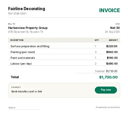 Wedge invoice template, filled in for a painter and decorator