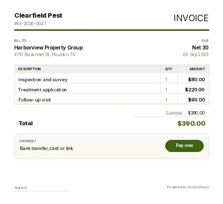 Load Dock invoice template, filled in for a pest control