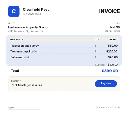 Rootline invoice template, filled in for a pest control