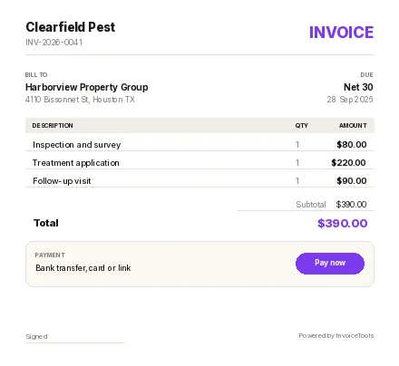 Spine invoice template, filled in for a pest control