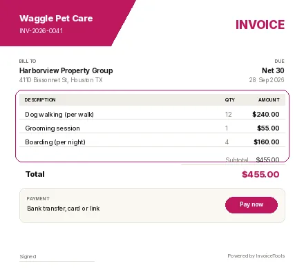 Eco Panel invoice template, filled in for a pet services