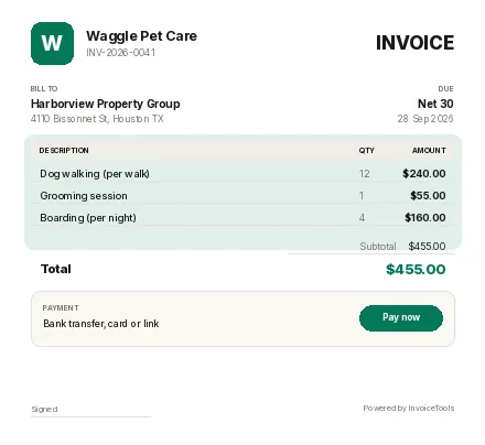 Flueline invoice template, filled in for a pet services