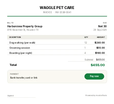 Tasting Menu invoice template, filled in for a pet services