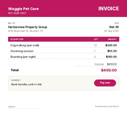 Viewport invoice template, filled in for a pet services