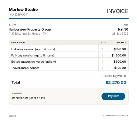 Aperture invoice template, filled in for a photographer