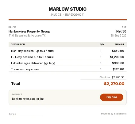 Plume invoice template, filled in for a photographer