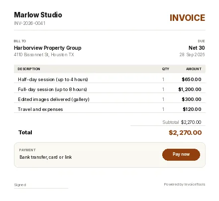 Tide invoice template, filled in for a photographer