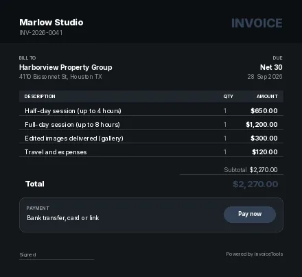 Topbar Navy invoice template, filled in for a photographer