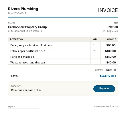 Aperture invoice template, filled in for a plumber