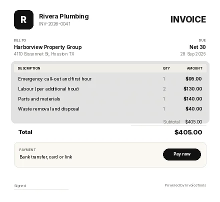 Drydock invoice template, filled in for a plumber