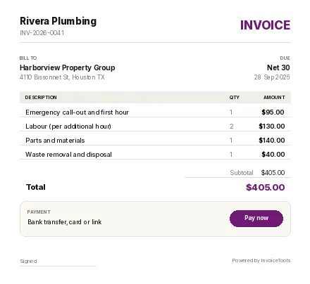 Geo Navy invoice template, filled in for a plumber