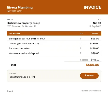 Trade Volt invoice template, filled in for a plumber