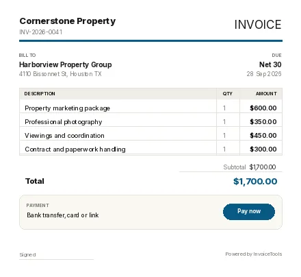 Aperture invoice template, filled in for a real estate services