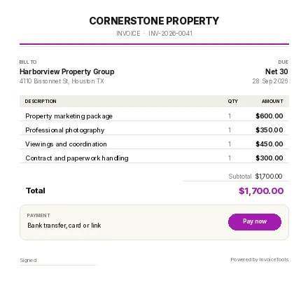 Lockbox invoice template, filled in for a real estate services