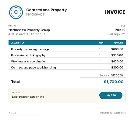 Pill Total invoice template, filled in for a real estate services