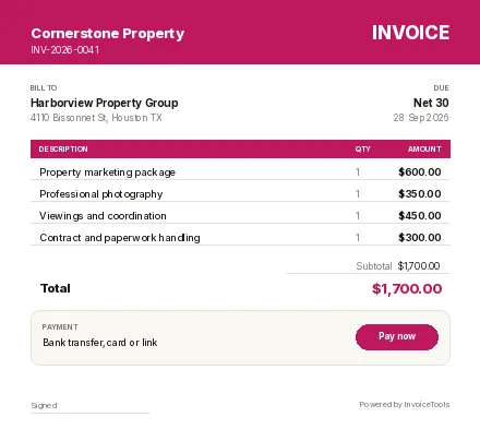 Viewport invoice template, filled in for a real estate services